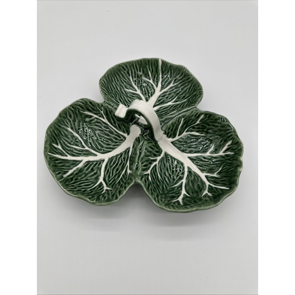 Maxcera Green Cabbage Leaf 3 Section Divided Serving Dish with Handle Ceramic